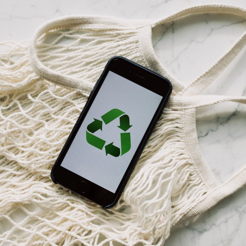 Smartphone displaying a green recycling symbol, placed on a reusable net bag.