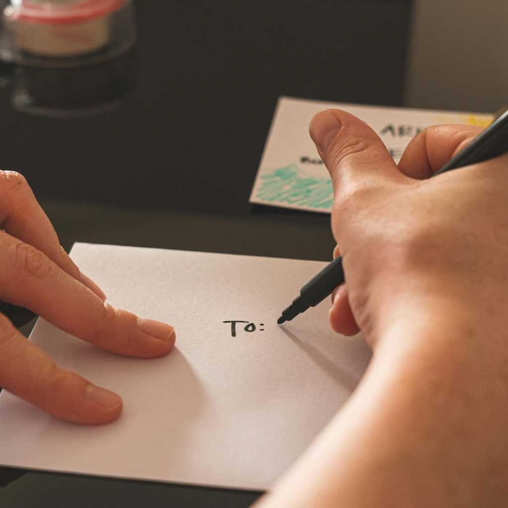 Person writing a thank-you card to a veteran, addressing an envelope by hand on a desk with cards and pens.